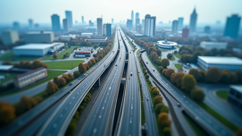 Luftaufnahme einer modernen Stadt mit Autobahn, Bahngleisen und Hochhäusern, zeigt vernetzte Infrastruktur