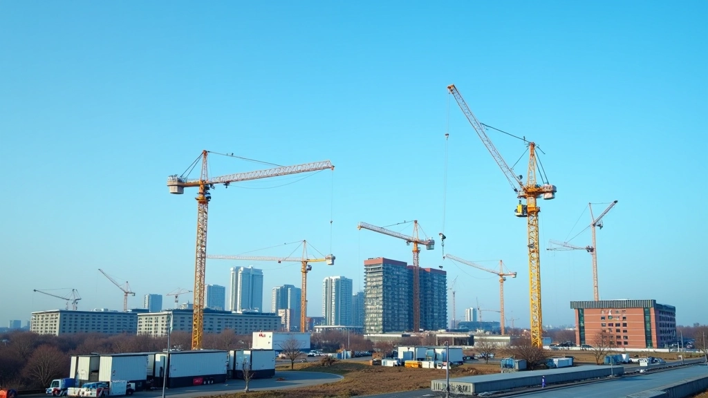 Moderner Bauplatz mit Kränen und Bauprojekten unter blauem Himmel
