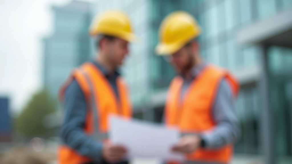 Ingenieur und Architekten besprechen Baupläne auf einer Baustelle mit modernen Gebäuden im Hintergrund