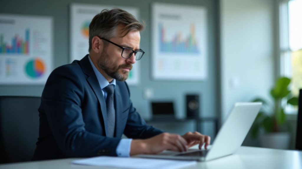 Moderner Schreibtisch mit Laptop, Finanzdiagrammen und Notizen, symbolisierend die Arbeit von Finanzexperten und Wirtschaftsanalytikern bei der Untersuchung von Schuldendaten