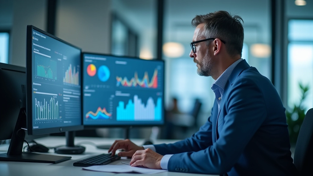 Finanzanalyst am Schreibtisch mit mehreren Bildschirmen zeigt Grafiken und Daten