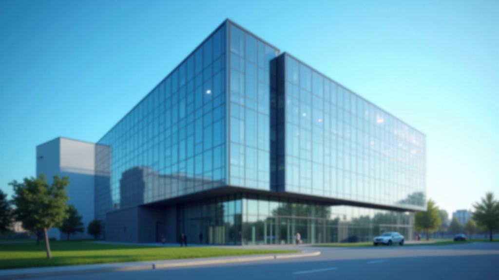 Modernes Regierungsgebäude mit Architektur, blauer Himmel und grüne Bäume, moderne urbane Umgebung