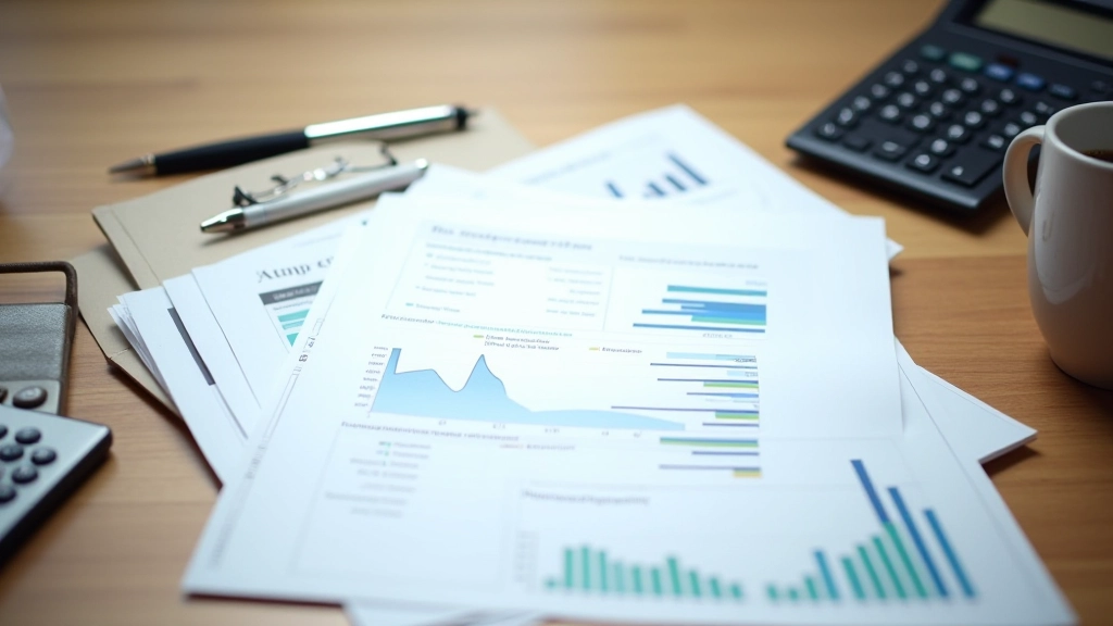 Dokumenten-Sammlung mit Diagrammen und Zahlen auf Schreibtisch, Taschenrechner und Kugelschreiber